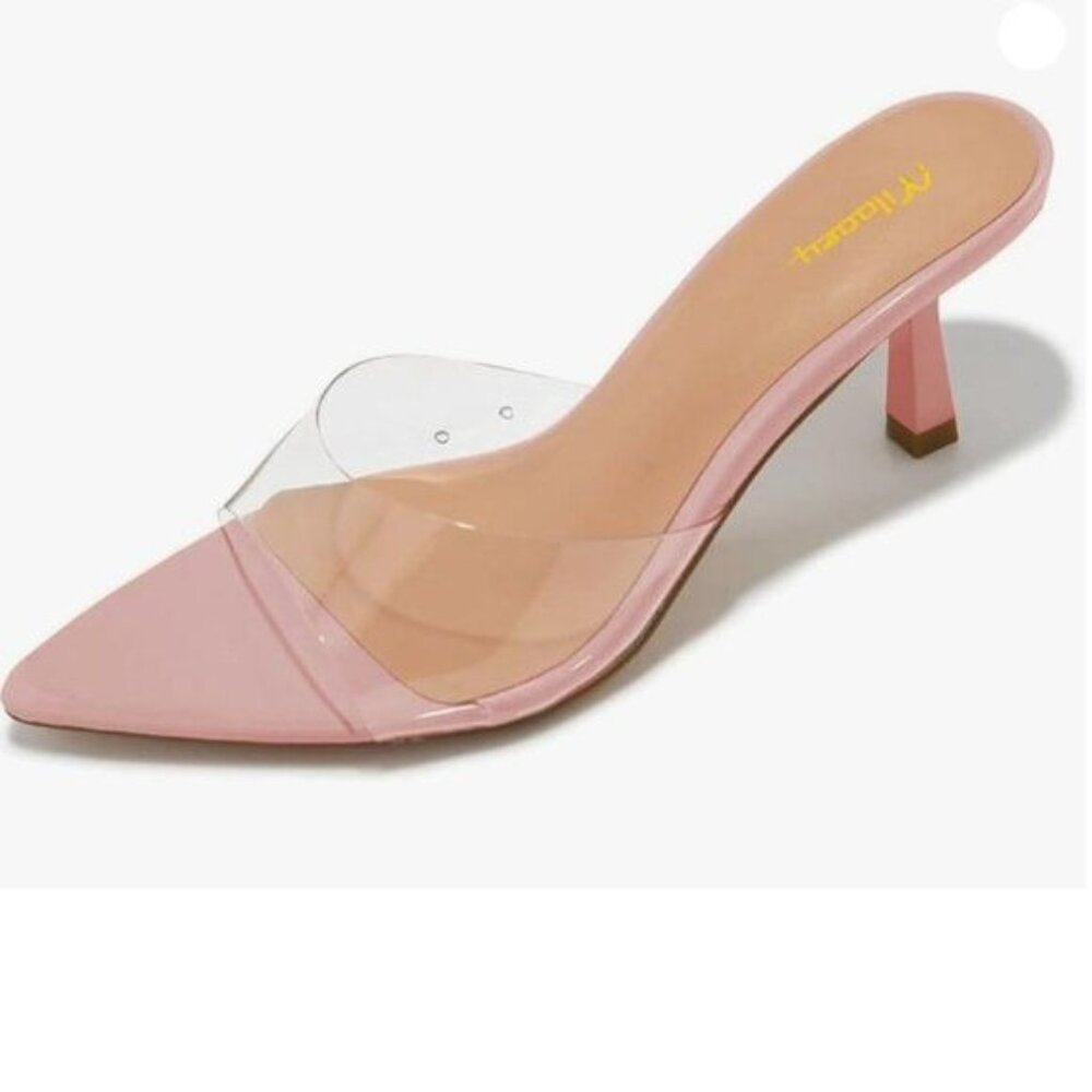 Milooey shoes Women's Comfy Kitten Heel Mules Open Pointed Toe Sandals Pink